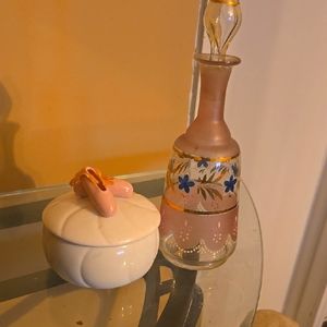 Vintage Glass Perfume Bottle with Floral Accents W/ Porcelain Trinket Jar